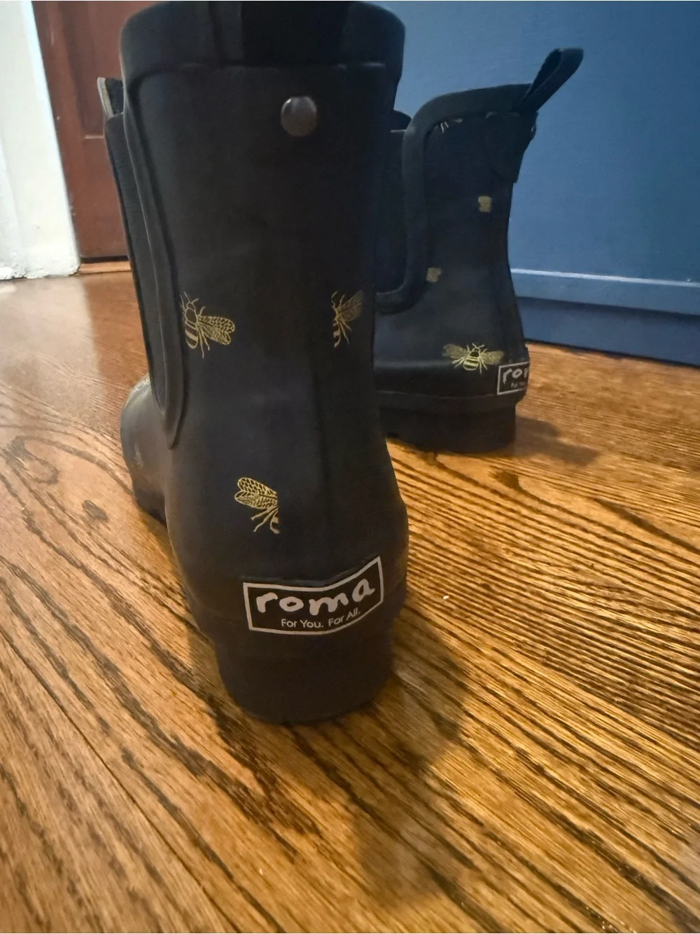 Roma Women’s Black Rain Chelsea Boots with Gold Bee Print